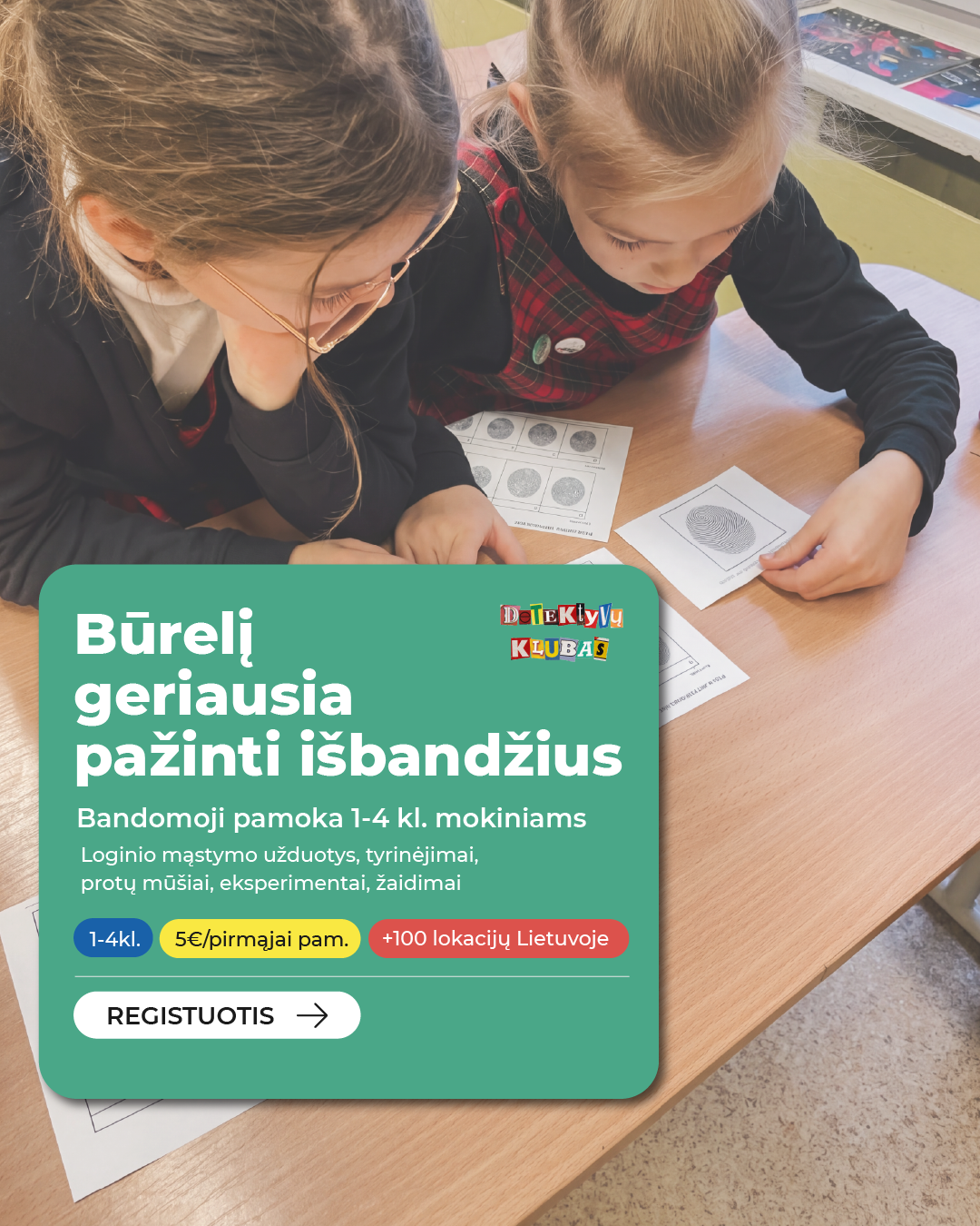 Detektyvų klubas Facebook ad: Būrelis smalsiems 1-4 klasių vaikams