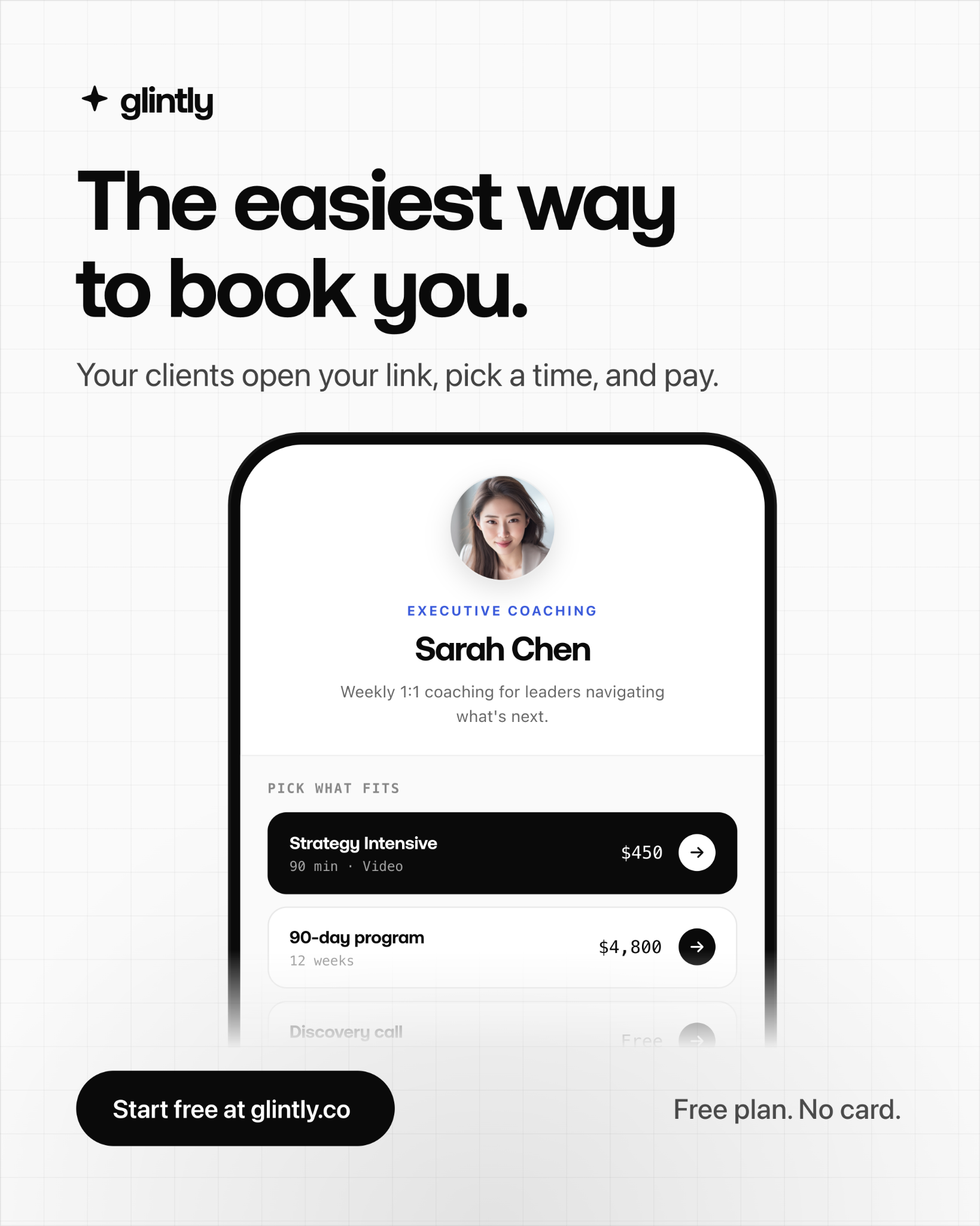 Glintly Facebook ad: One link to get booked and paid.