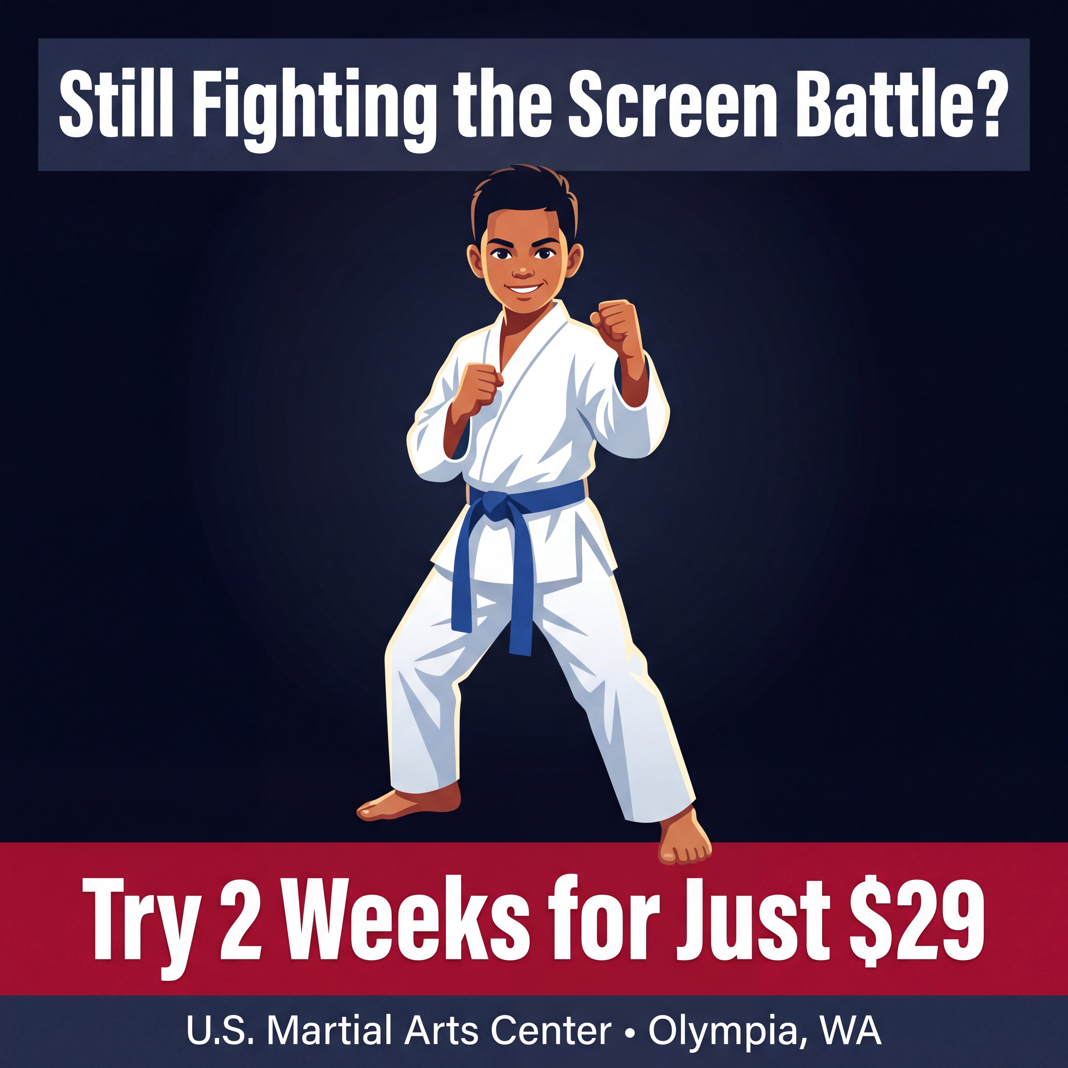 U.S. Martial Arts Center Facebook ad: Get Your Kid Off Screens, Try 2 Weeks for $29