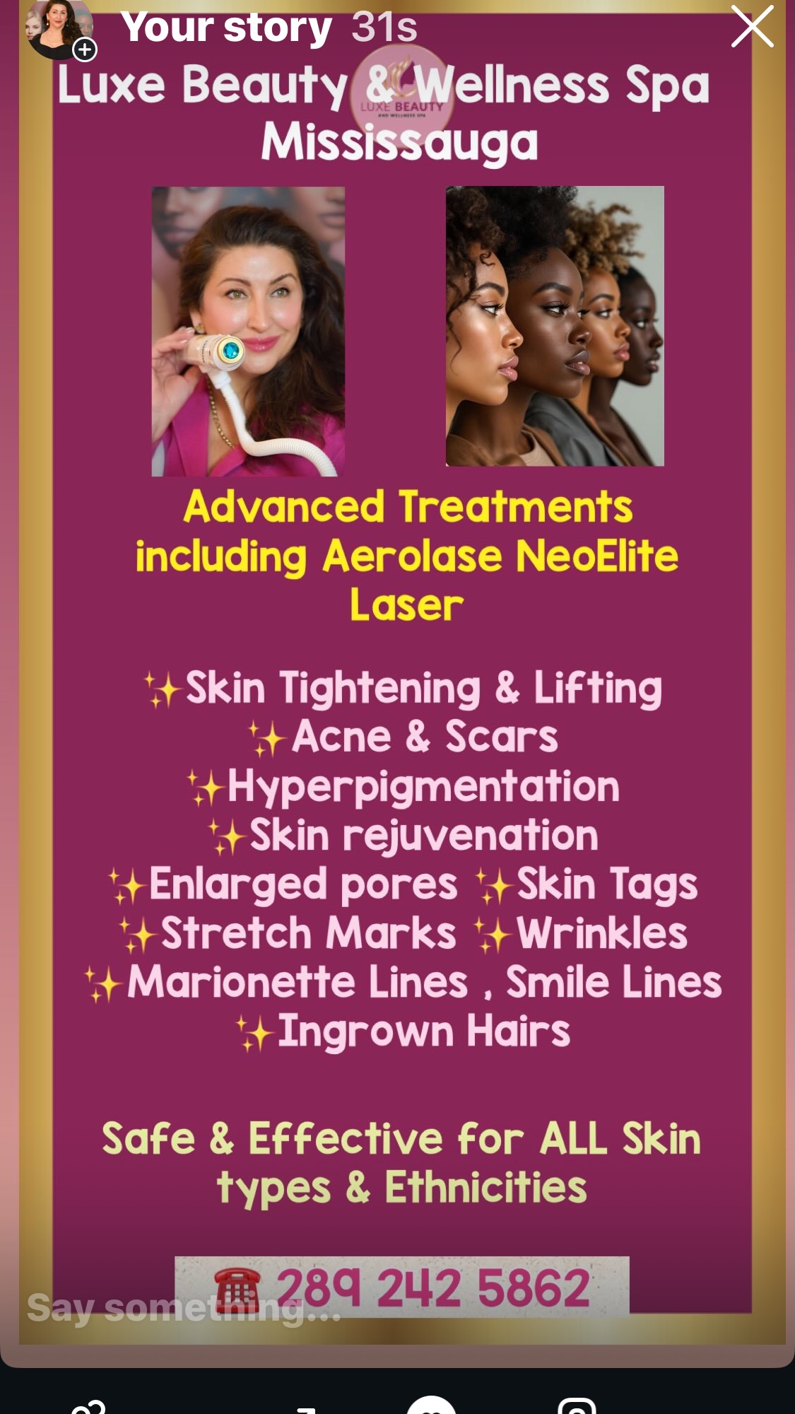 Luxe Beauty and Wellness Spa in Mississauga Facebook ad from Mar 29, 2026