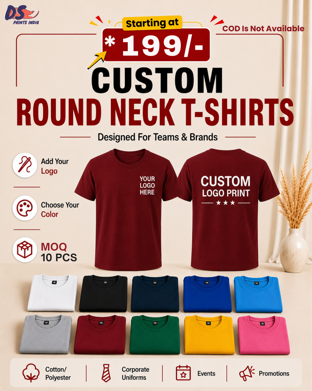 DS Prints India Facebook ad: Custom Logo T-Shirts from ₹199/Piece