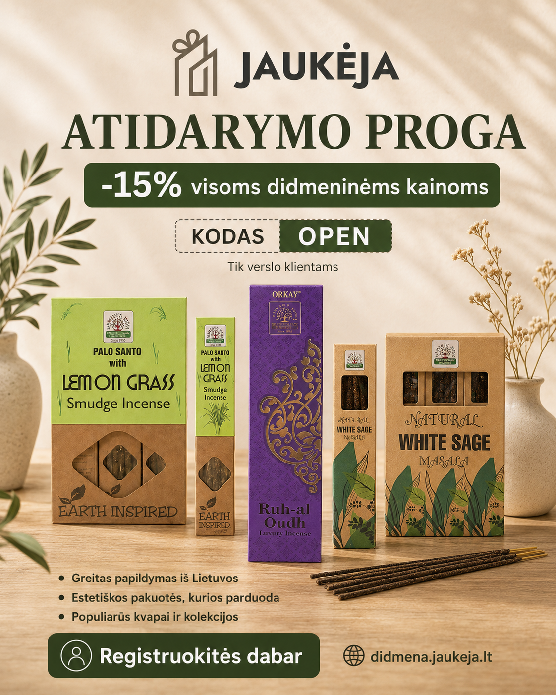 Jaukeja.lt Facebook ad: Atidarymo proga: -15% visoms kainoms.
