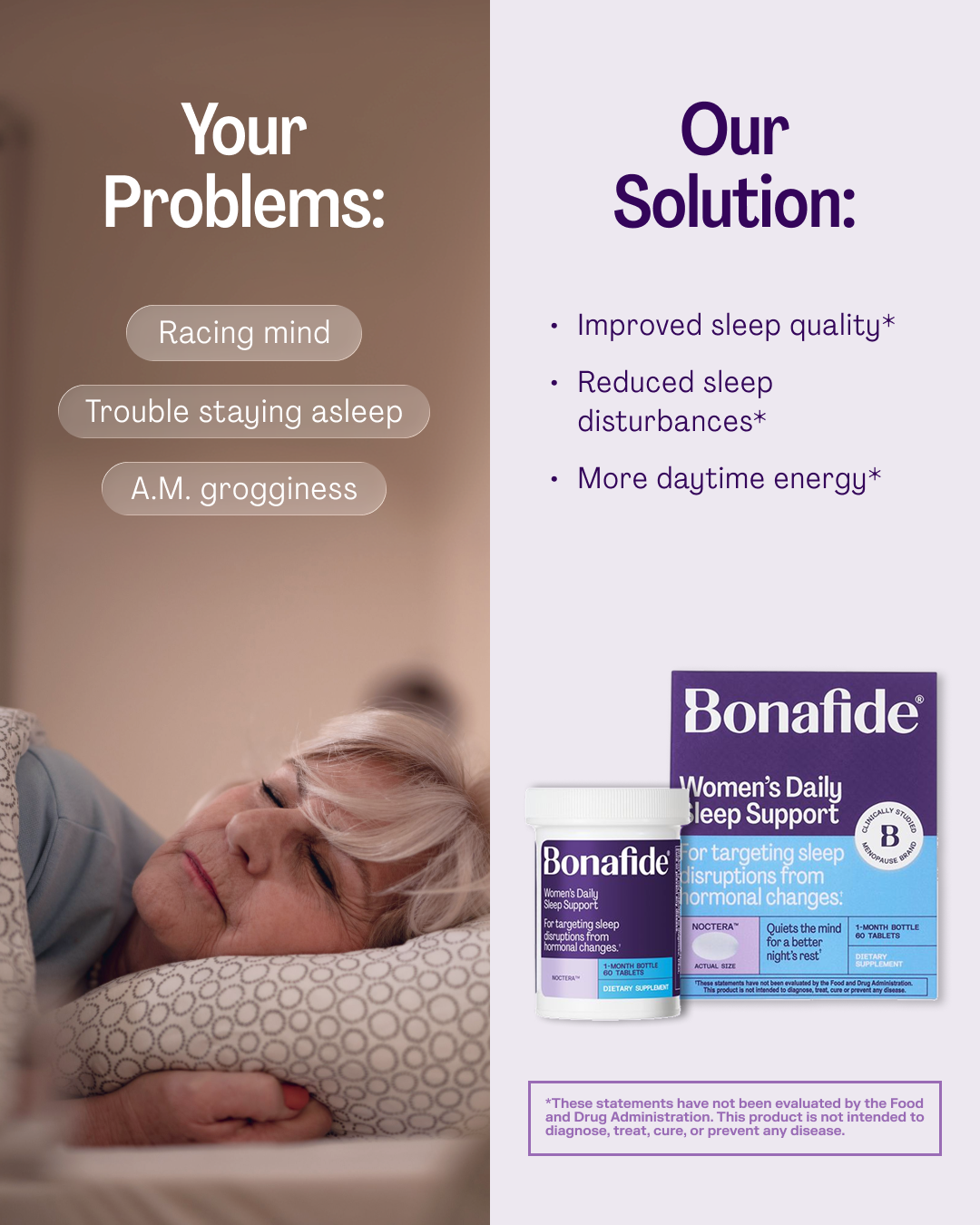 Bonafide Facebook ad: Restore your night. Restore your rest.