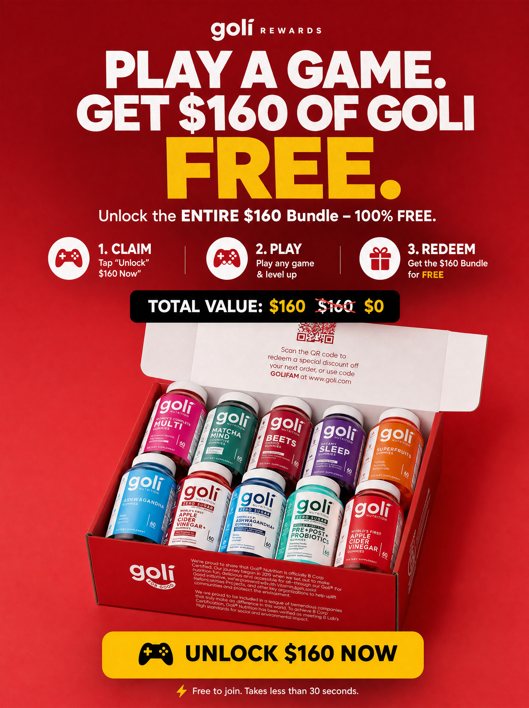 Goli Facebook ad: Play Games → Get $160 In Goli FREE