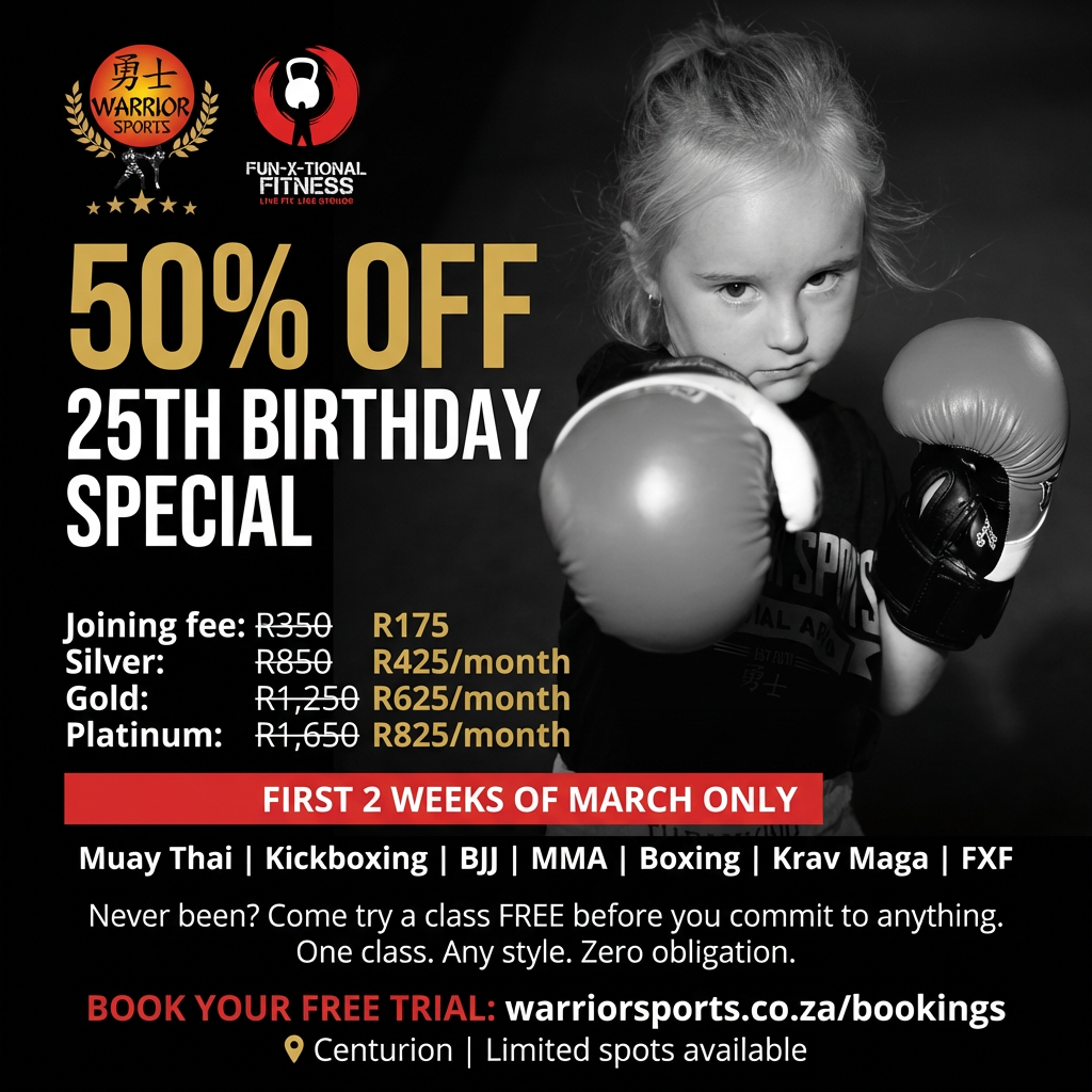 Warrior Sports and Fun-X-Tional Fitness Facebook ad: 25 Years. 50% Off. First 2 Weeks of March Only.