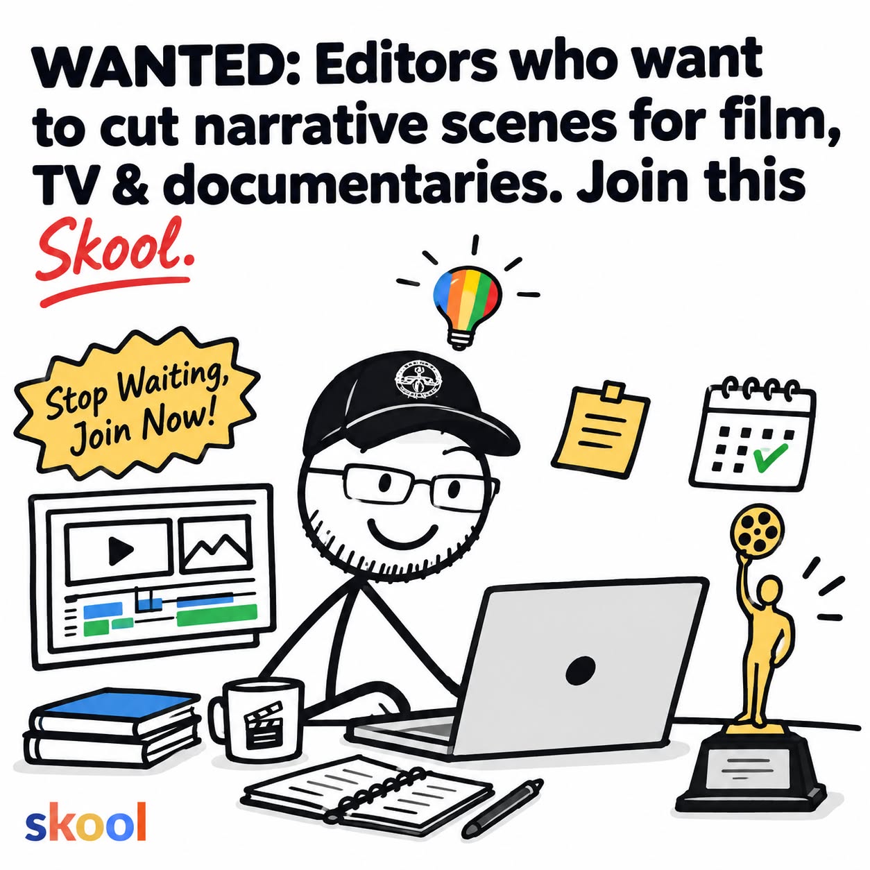 Skool Facebook ad: Stop Only Cutting Corporate Content. Edit Narrative Scenes.