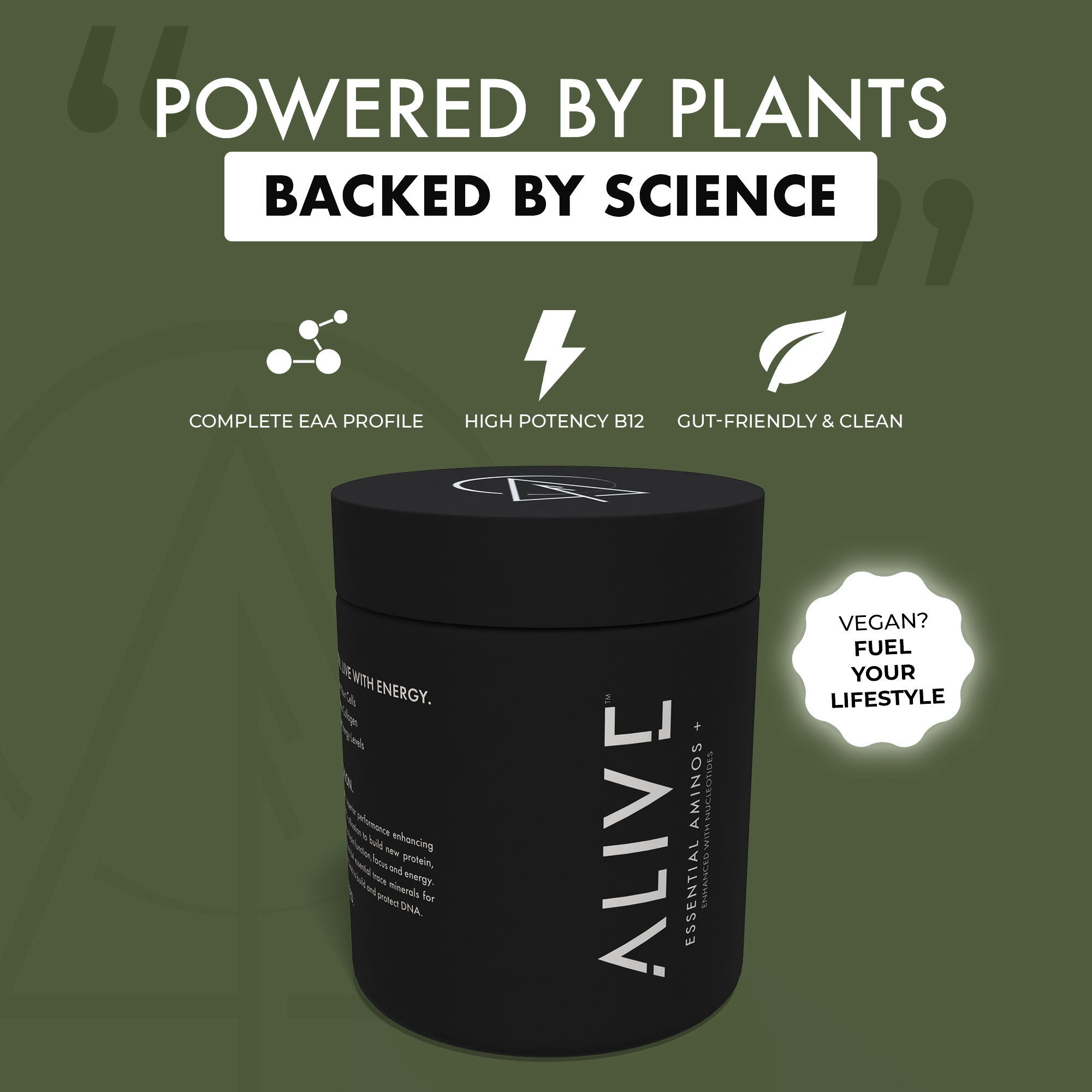 Alive Facebook ad: Powered by Plants. Backed by Science.