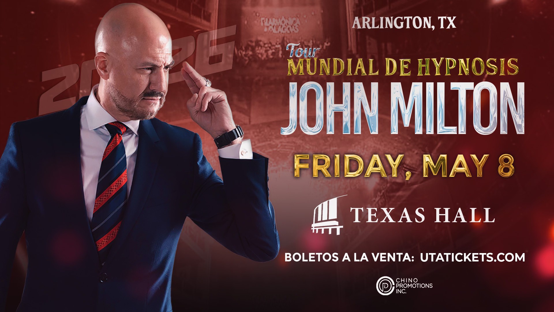 Texas Hall at UT Arlington Facebook ad: John Milton: Tour Mundial de Hypnosis