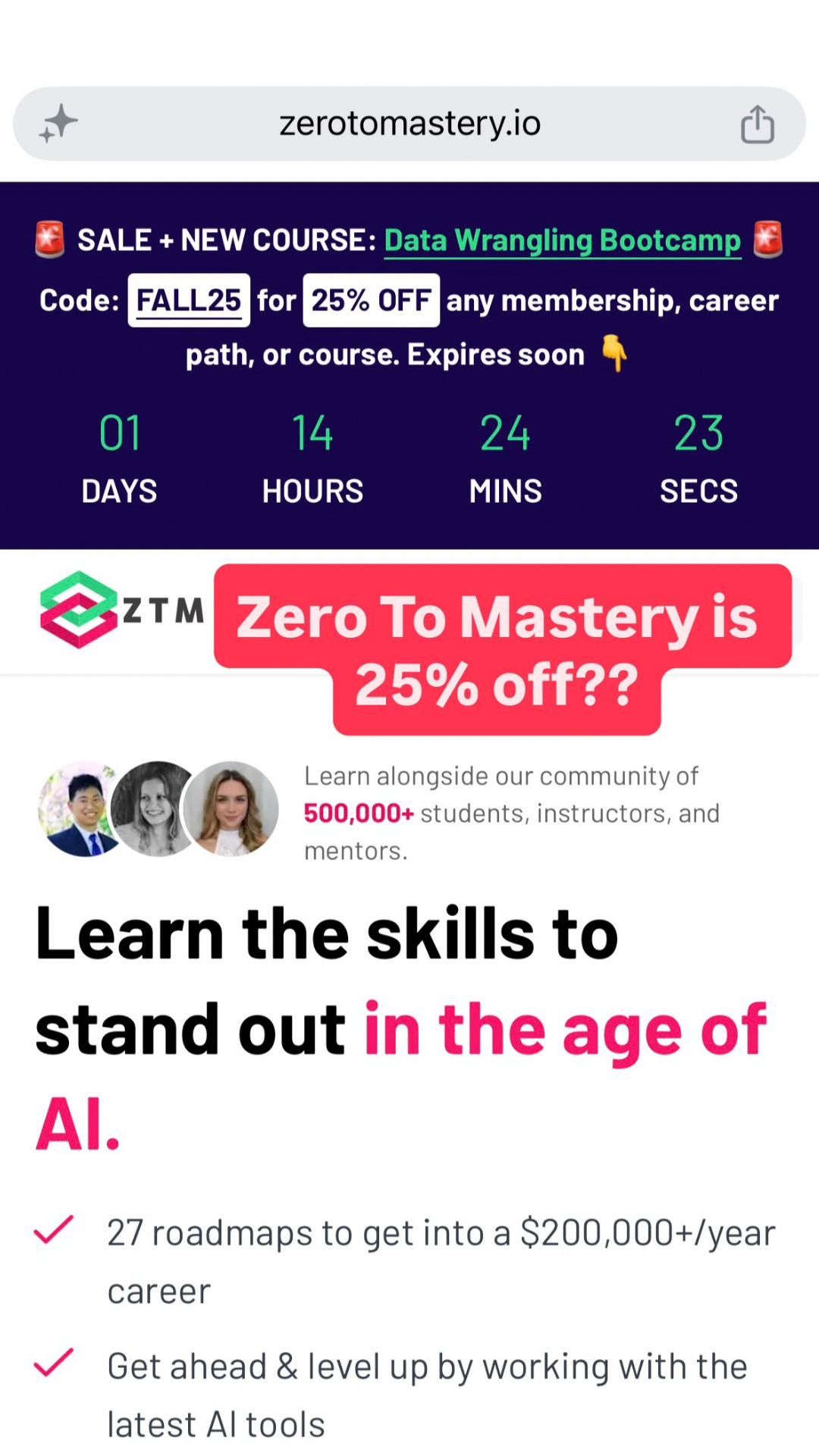 Zero To Mastery Facebook ad: 25% OFF ANY MEMBERSHIP
