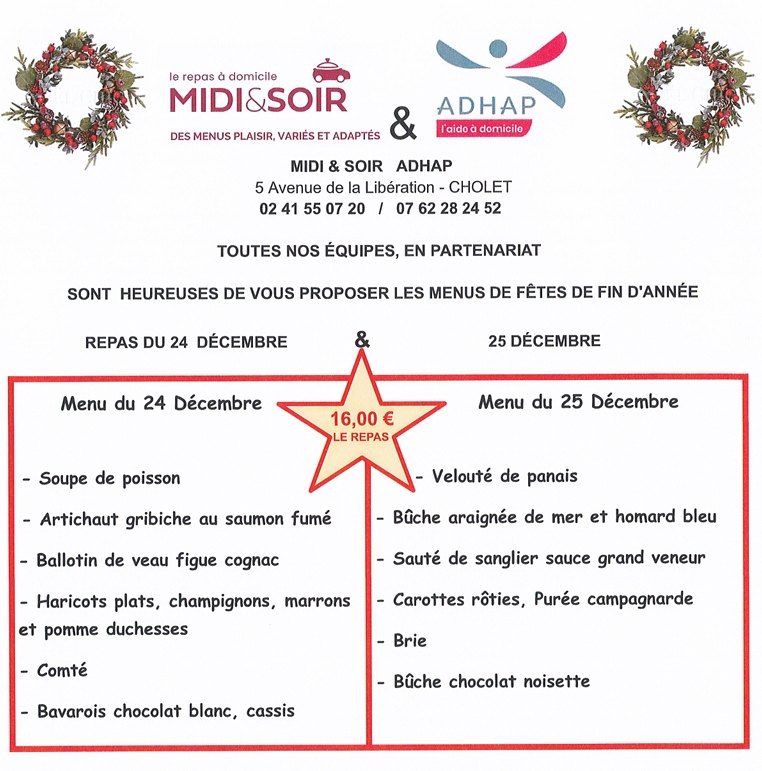 Portage Repas MIDI & SOIR Cholet Doué Saumur Longué Facebook ad: Les menus de fêtes sont arrivés.