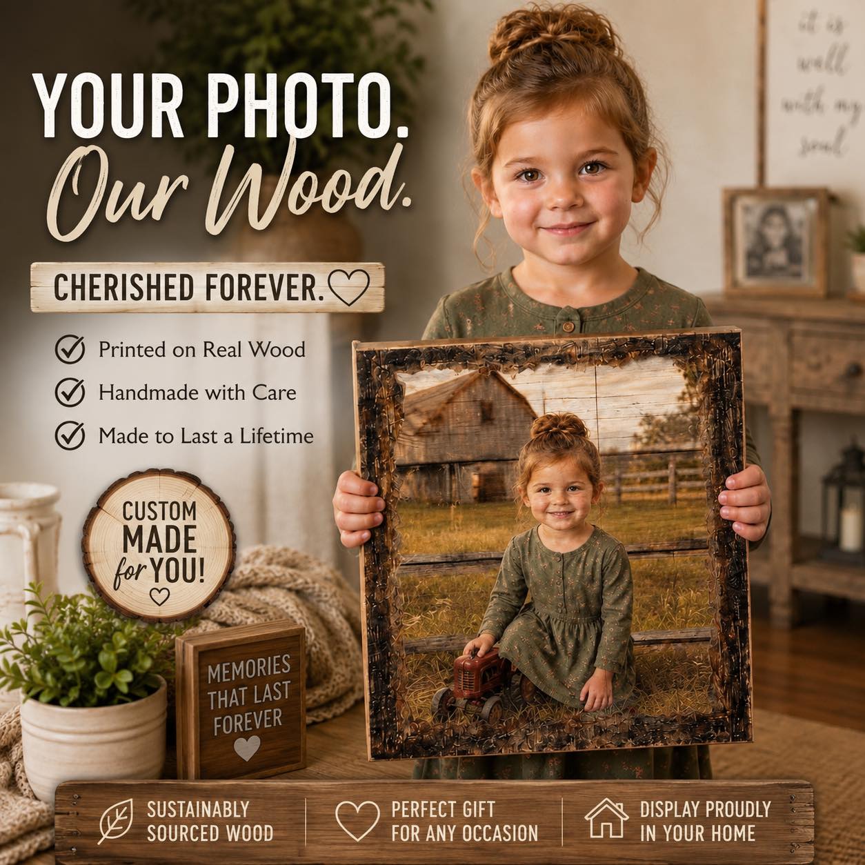 My Charmed Life Facebook ad: Custom Wood Photo Print, Family Photo on Wood, Child…