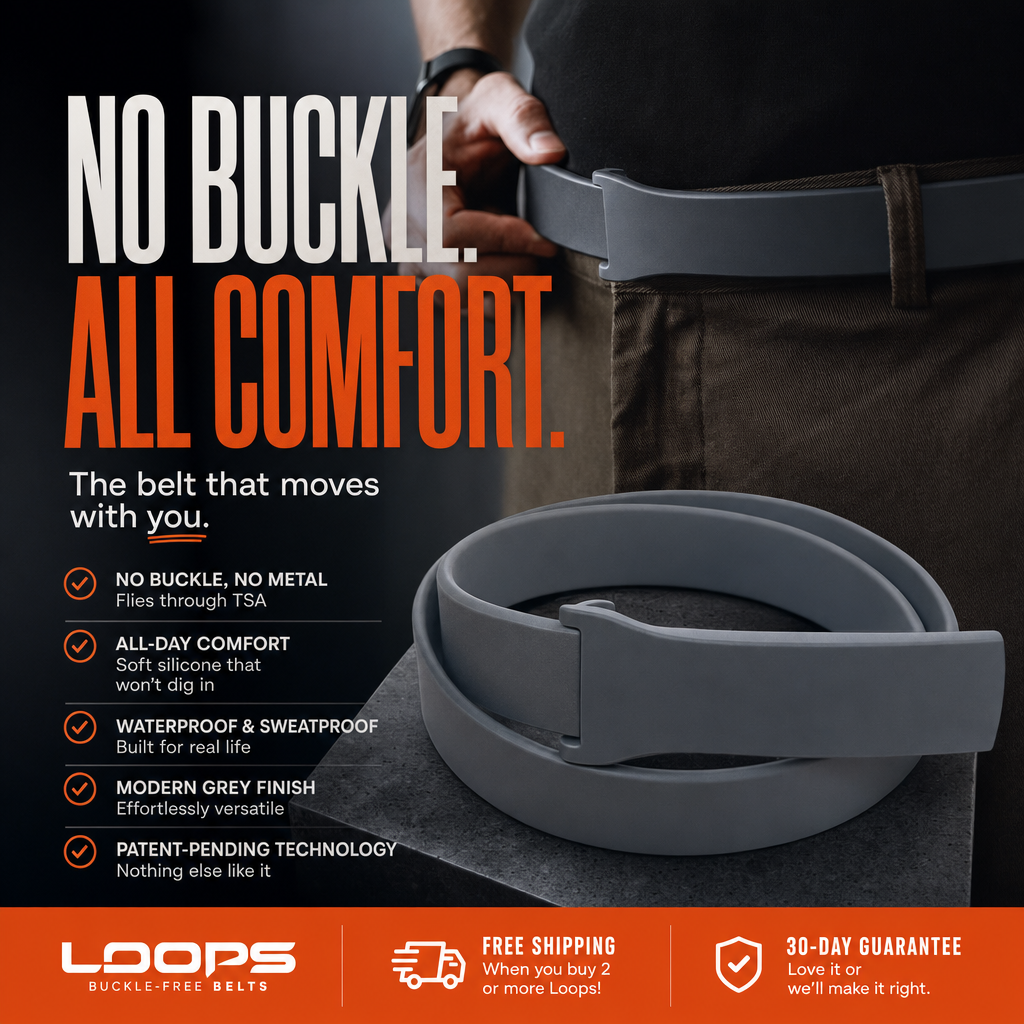 Loops Belt Facebook ad: Loops, Buckle-Free Belts | The Last Belt You'll Ever Need
