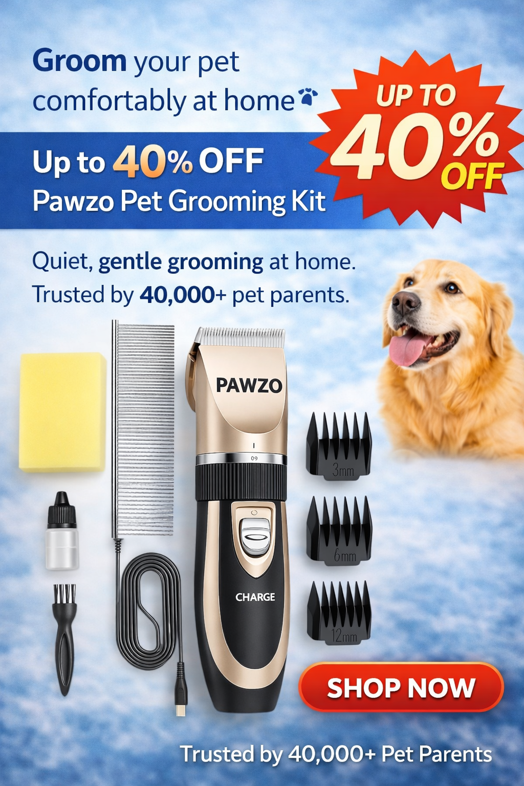Pawzo Facebook ad: Up to 40% OFF Pawzo Pet Grooming Kit