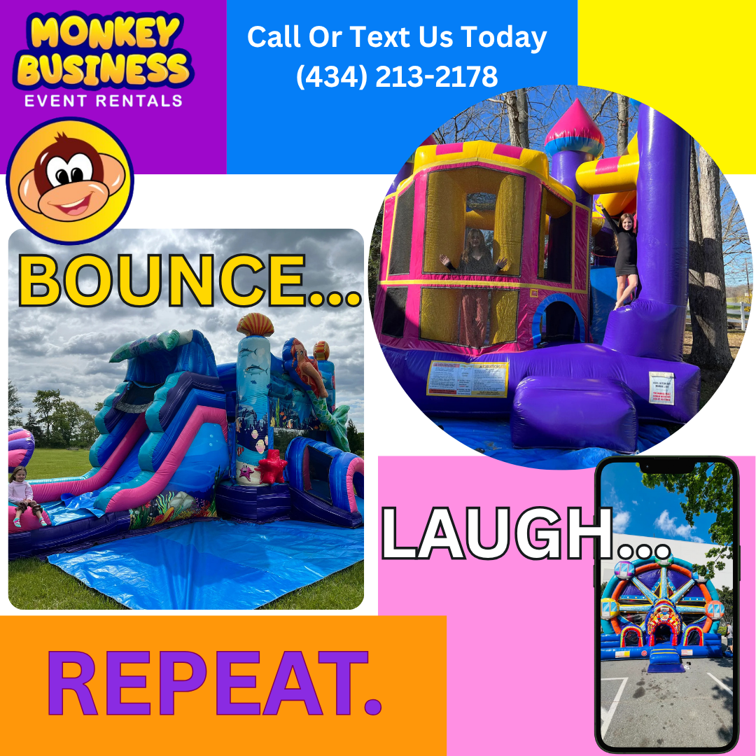 Monkey Business Bounce House Rentals Facebook ad: 300+ 5-Star Reviews - Rent Your Inflatable Today!