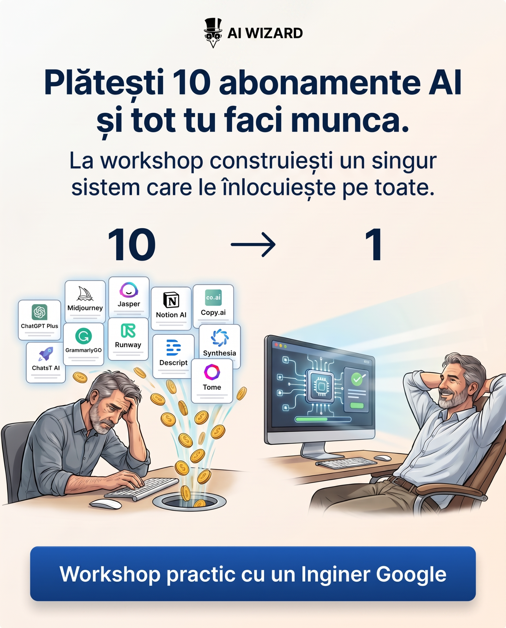 AI-Wizard Facebook ad: Cum să automatizezi 80% din munca repetitivă, fără cod.