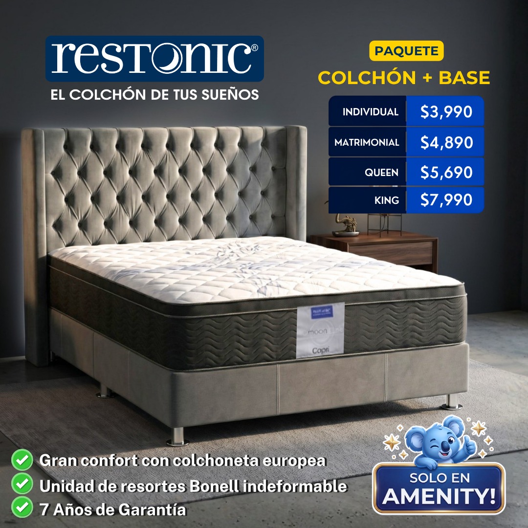 Amenity Colchones y Hogar Facebook ad: Paquete de COLCHÓN MARCA RESTONIC más BASE PREMIUM…