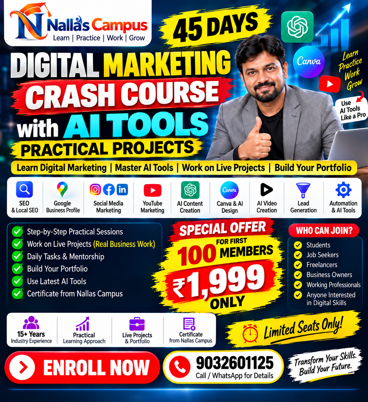 Nallas Campus Facebook ad: Digital Marketing + AI Tools, ₹1,999 Register For Free DEMO