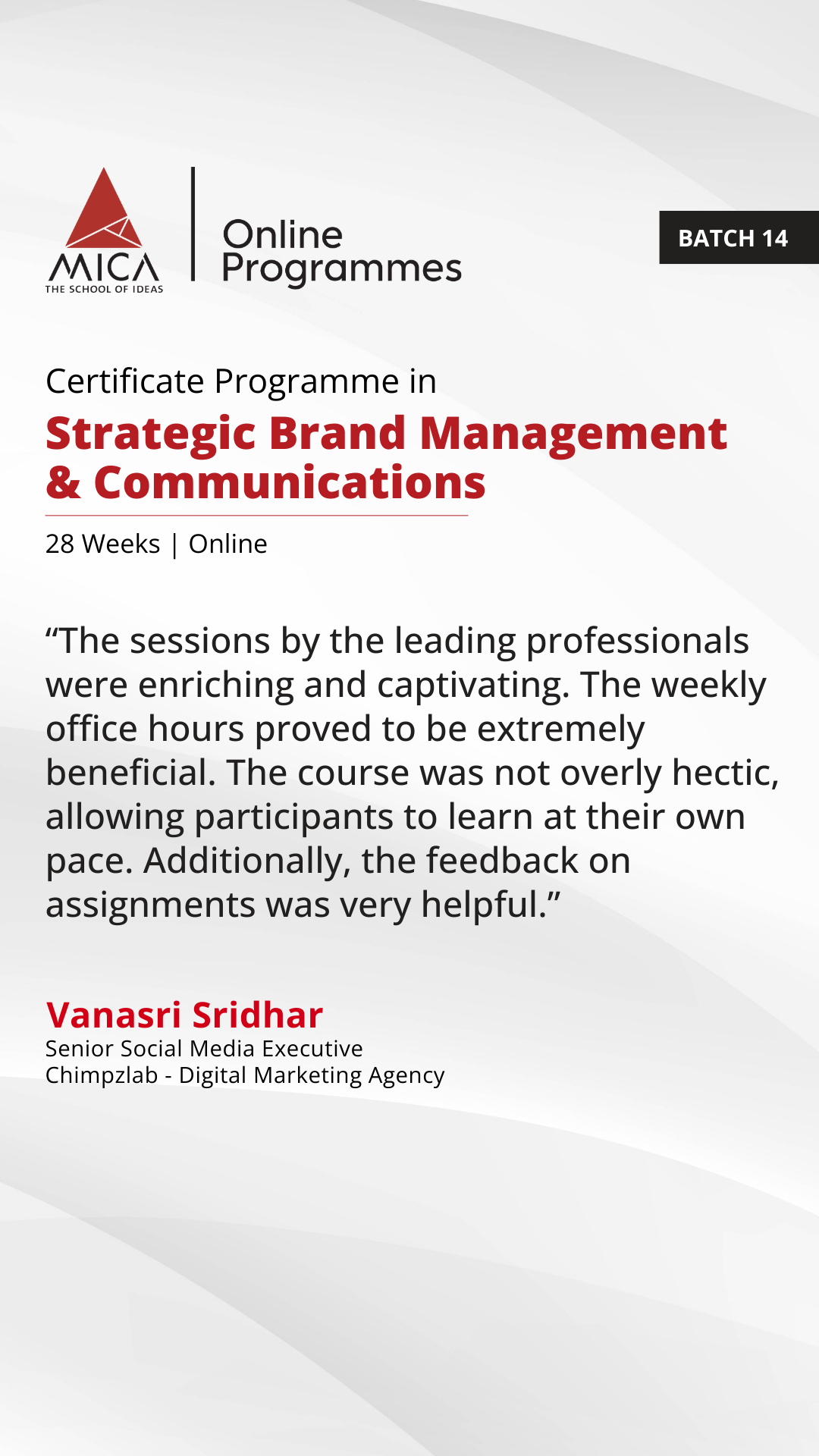 MICA's Strategic Brand Management and Communications programme Facebook ad from Jan 13, 2026