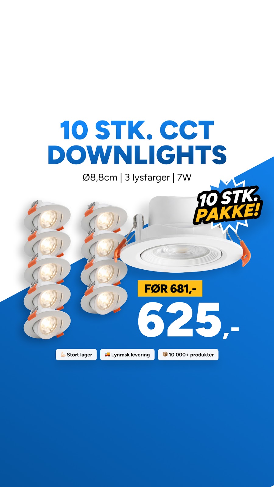 LEDLyskilder.no Facebook ad: 10 stk. 7W Ø8,8cm LED innfellingsspot - Hull: Ø6,8 cm, CCT…
