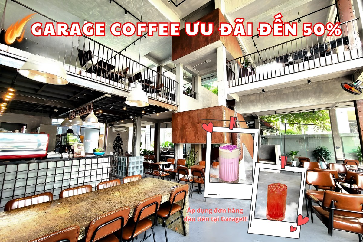 Garage coffee Go vap Facebook ad: 𝐆𝐚𝐫𝐚𝐠𝐞 𝐂𝐨𝐟𝐟𝐞𝐞, 𝐔̛𝐮 Đ𝐚̃𝐢 𝟓𝟎% 𝐓𝐨𝐚̀𝐧…