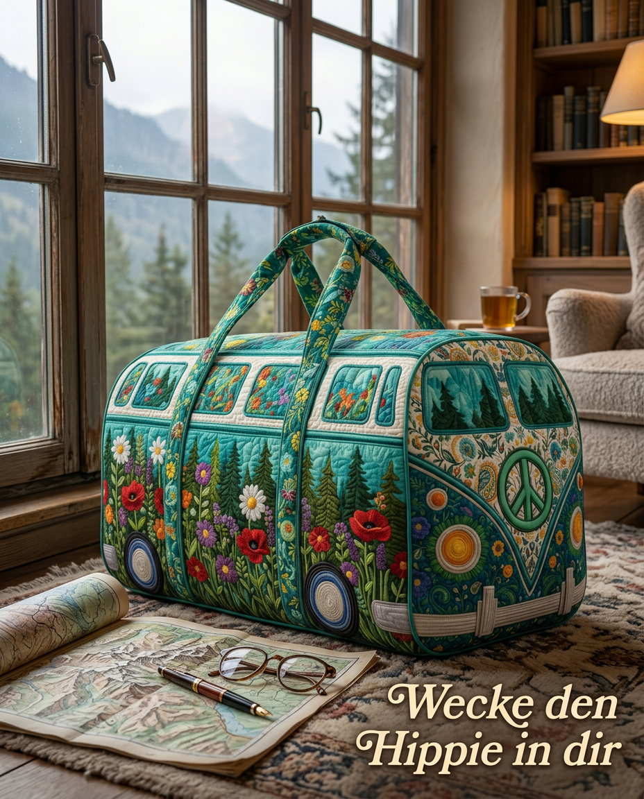Printerval - Personalisierte Geschenke Facebook ad: Hippie Van Gesteppter Seesack, Retro Peace Bus, Waldblumen…