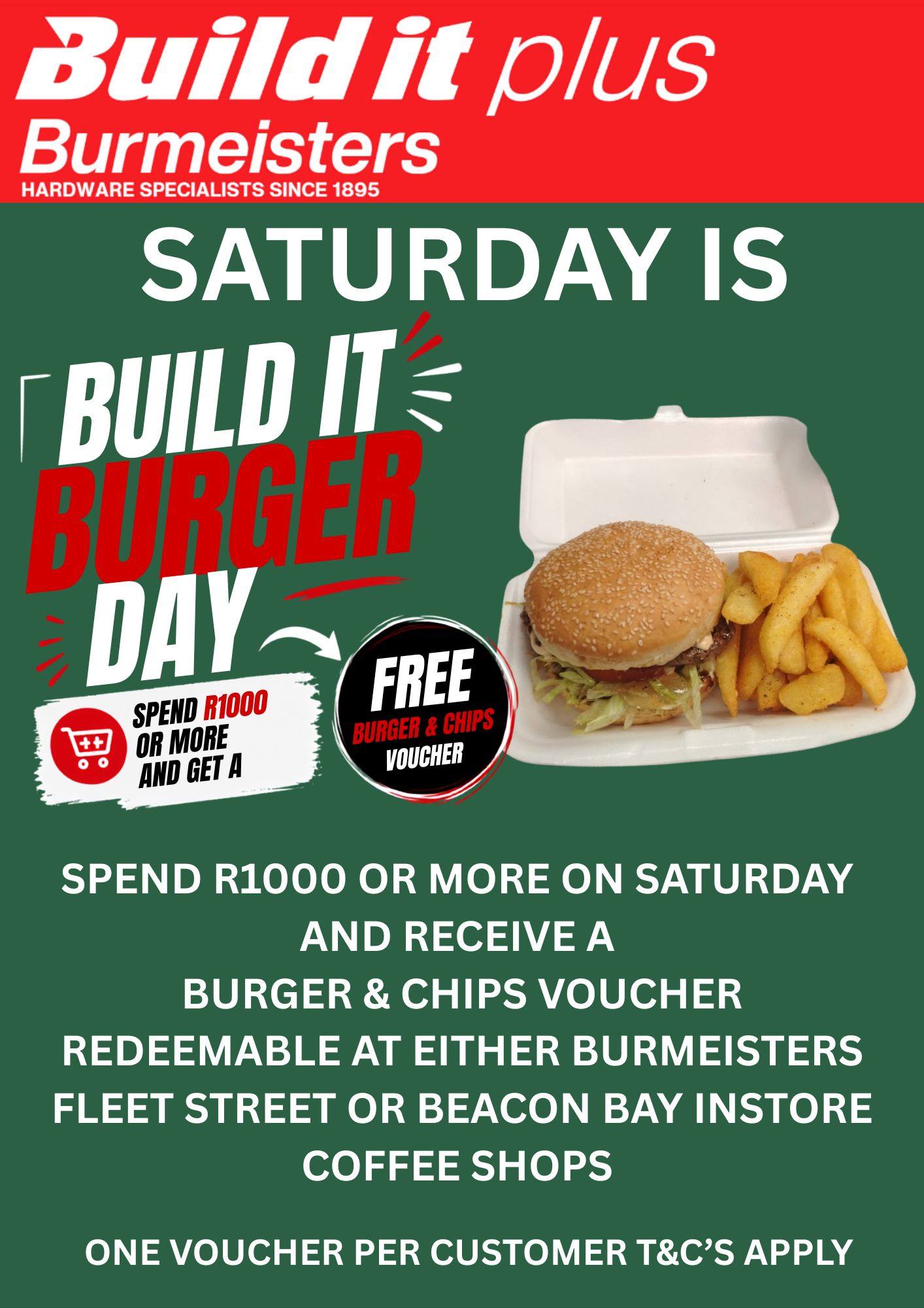 Build It Burmeisters Fleet and Beacon Bay Facebook ad: BUILD IT BURGER DAY IS HERE!