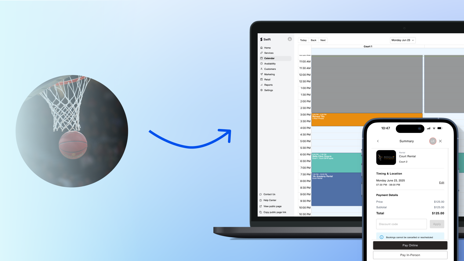 Swift App Facebook ad: Free Guide: Court Scheduling Software for Basketball