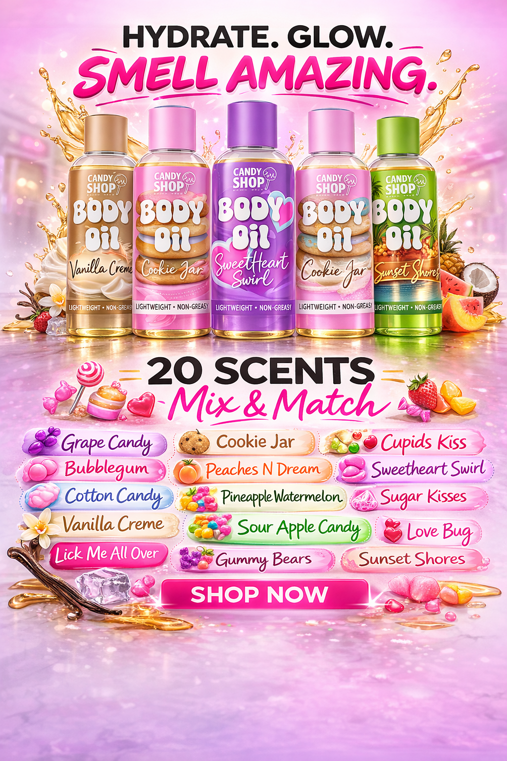 Candy Shop Body Oils Facebook ad from Feb 21, 2026