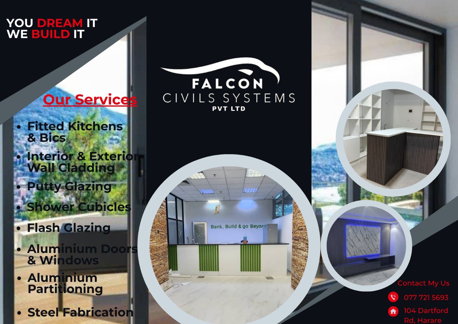 Falcon Aluminium,steel and interior designs Facebook ad: Strong. Modern. Long-lasting.
