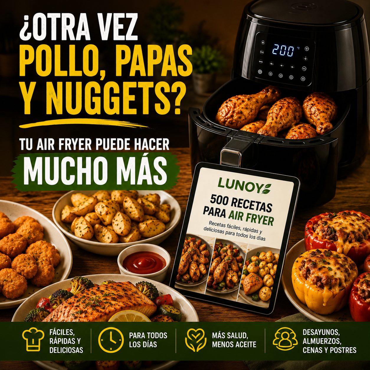 LUNOY Facebook ad: 500 recetas para sacarle más provecho a tu Air Fryer