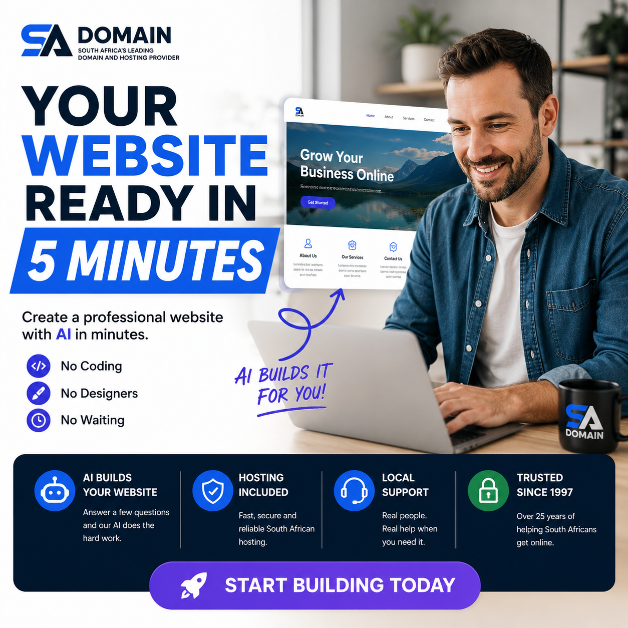 SA Domain Internet Facebook ad: Your Website Ready In 5 Minutes