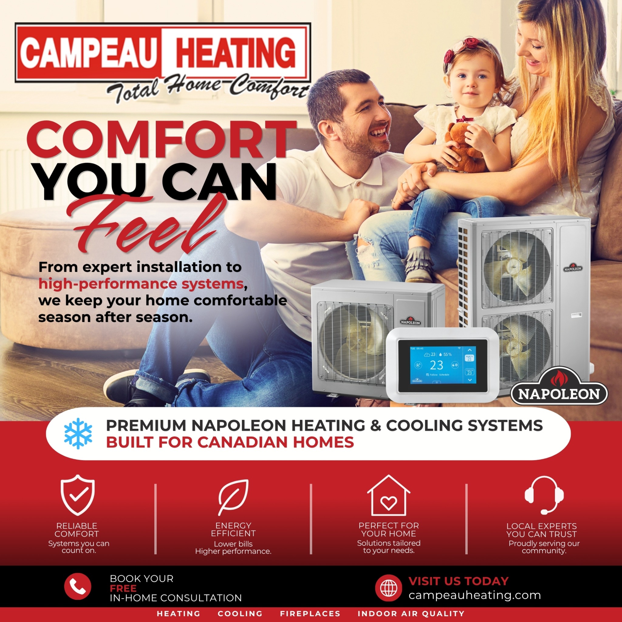 Campeau Heating Facebook ad: Comfort Starts with Campeau Heating & Cooling!