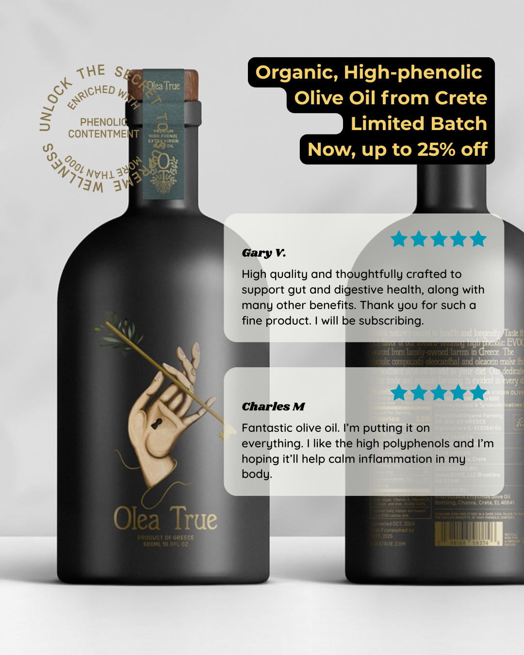 Olea True Facebook ad: Beyond Extra Virgin. Measured.
