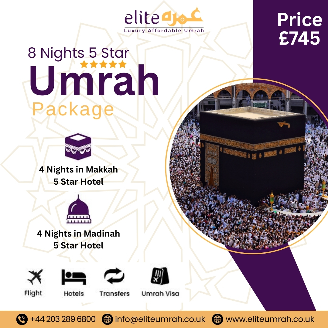 Elite Umrah Facebook ad: 8 Nights 5★ Umrah Package from £745
