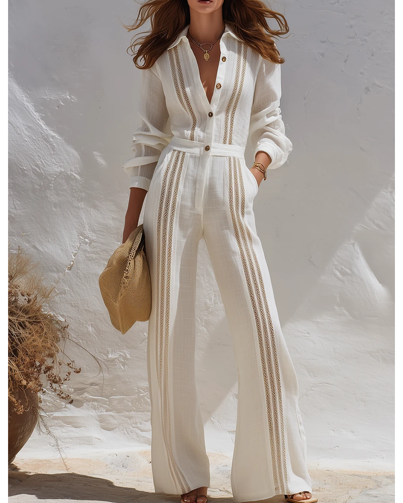 LuneMuse Facebook ad: Urban Luxury Lace-Trimmed Long-Sleeved Cotton Linen Jumpsuit