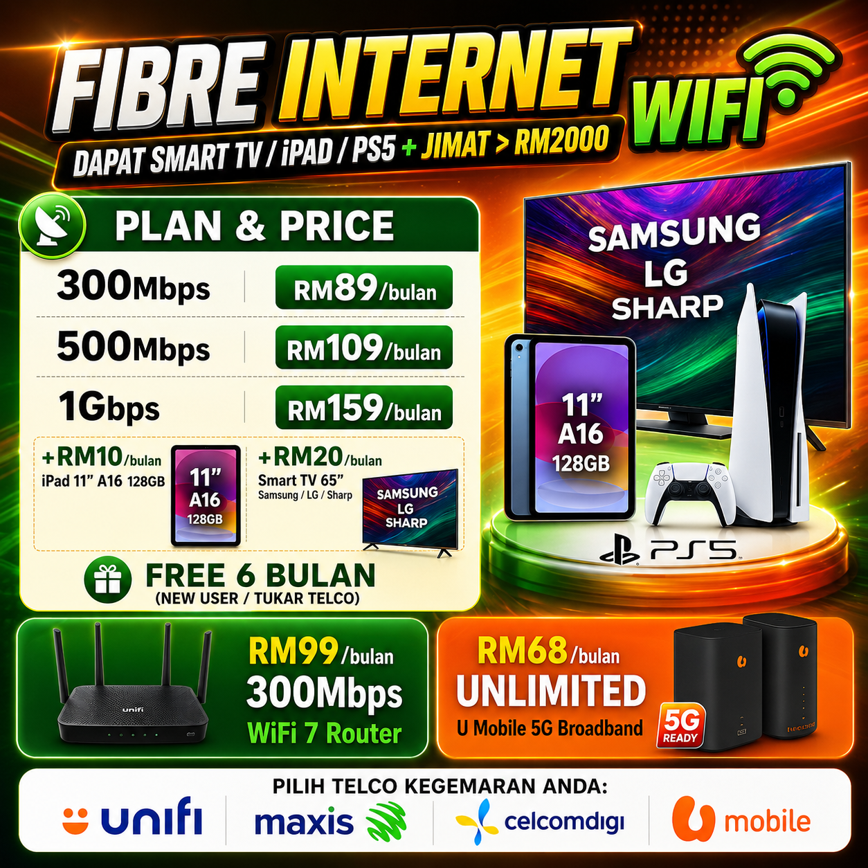 Living Stream Tech Home Appliance Facebook ad: TV/IPAD RM10, 300Mbps RM89 Fibre Internet