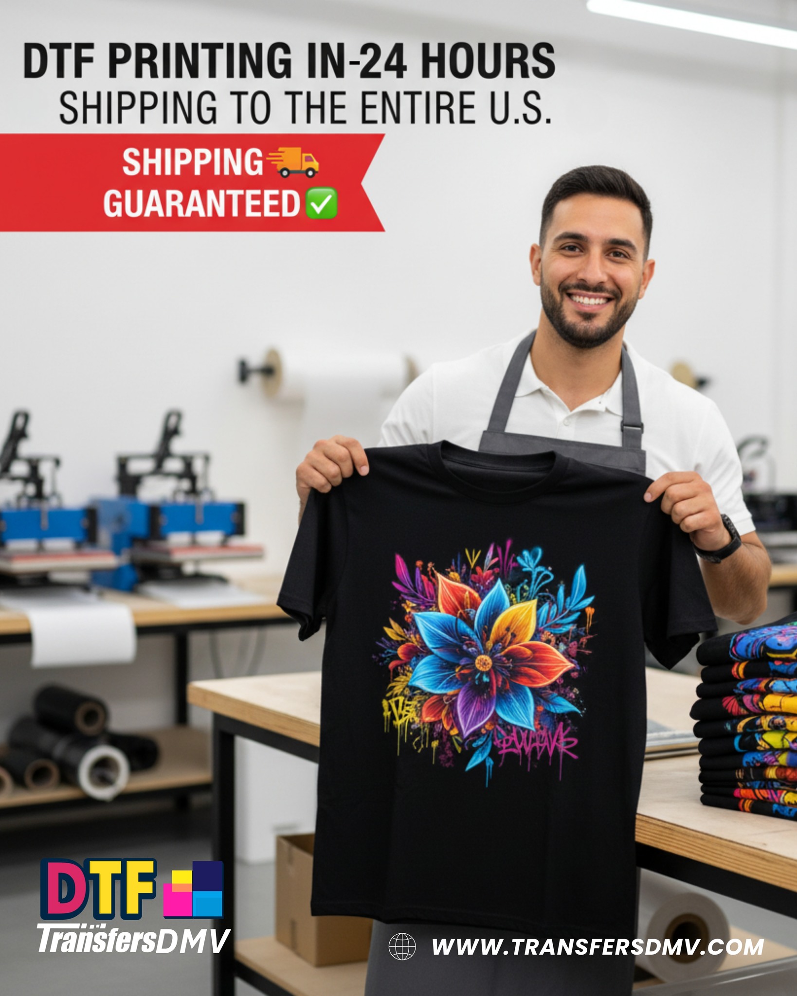 Transfers DMV Facebook ad: Start printing your art today, no minimums