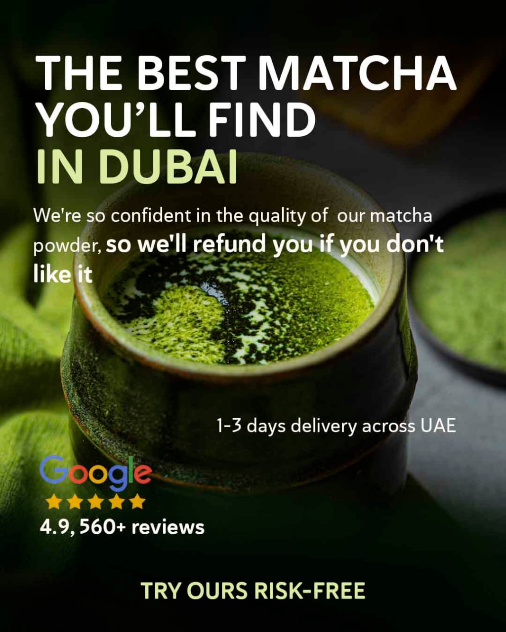 Matcha Vibes Facebook ad: Ceremonial Grade Matcha. Taste the Difference