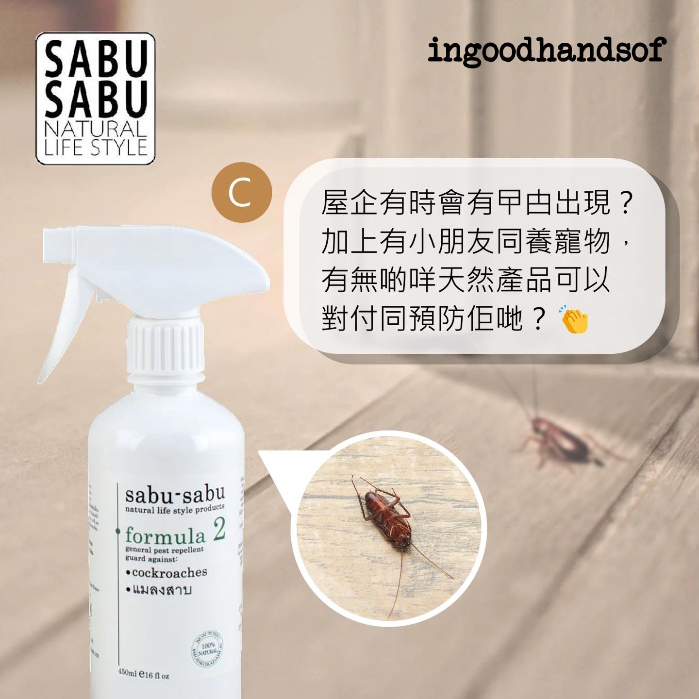 In good hands of Facebook ad: 「屋企有時會有曱甴出現?加上有小朋友同養寵物,有無啲咩天然產品可以對付同預防佢哋?」