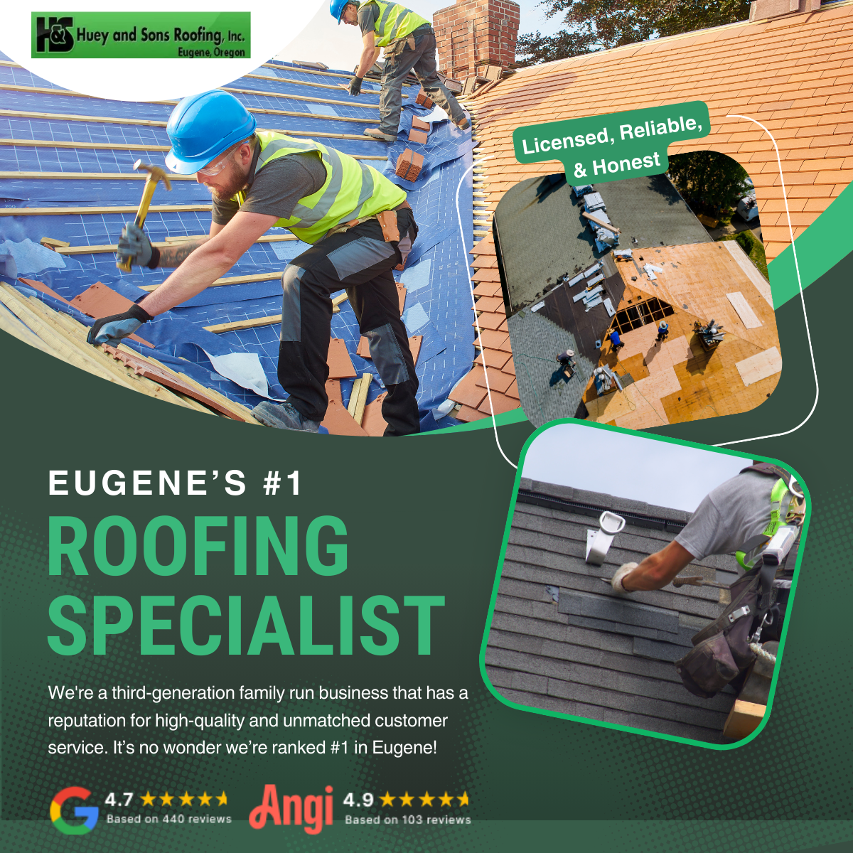Huey and Sons Roofing Facebook ad: Free Roofing Quote, Trust the Experts