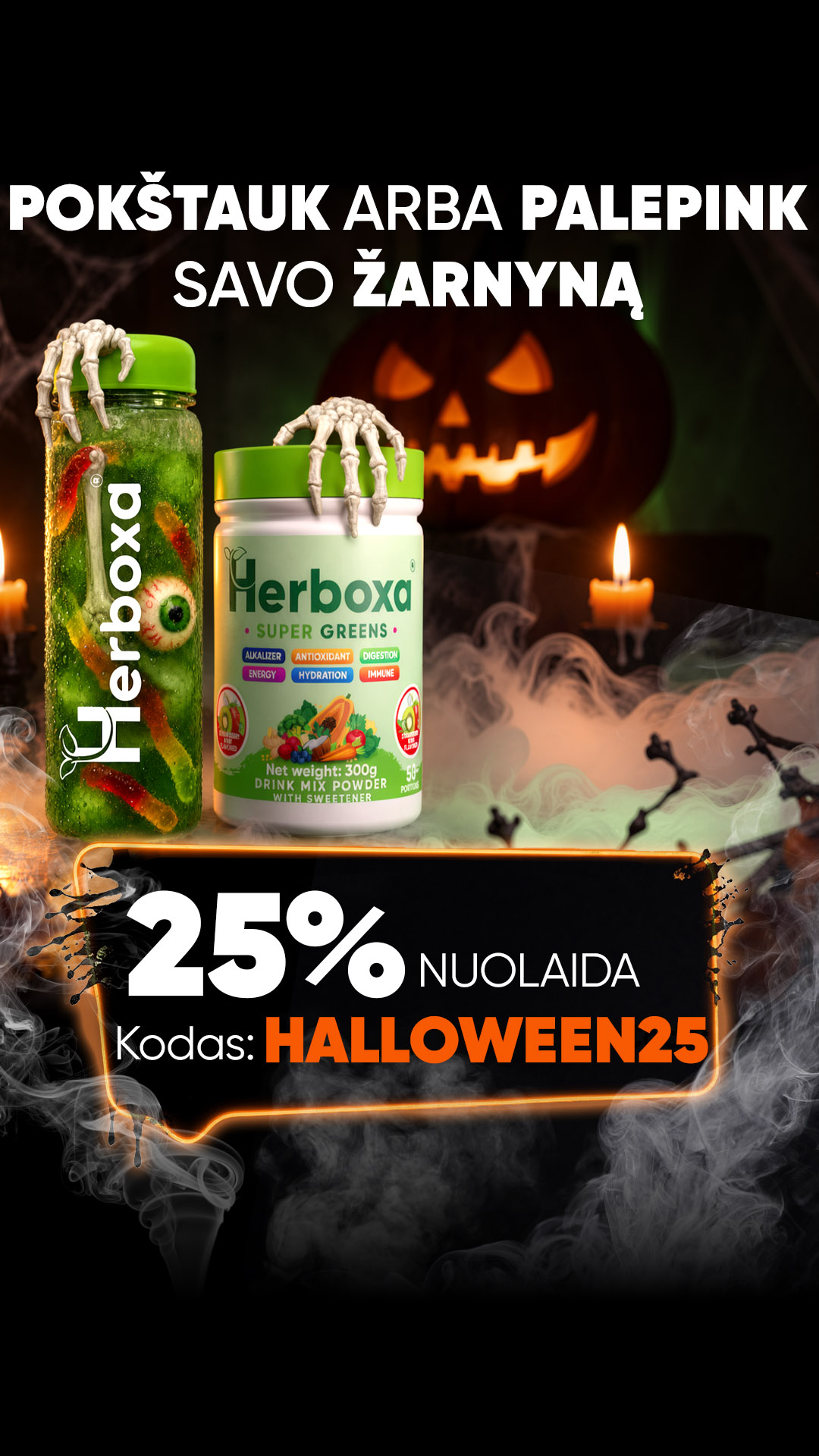 Herboxa Facebook ad: 25% NUOLAIDA su HALLOWEEN25.