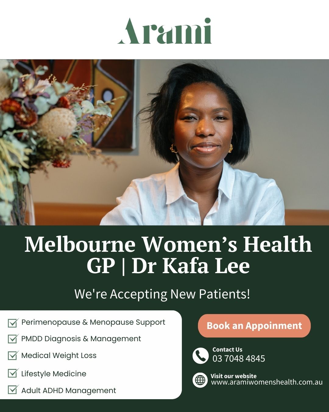 Arami Women's Health-Dr Kafa Lee Facebook ad: Melbourne Women's Health GP - Book Today