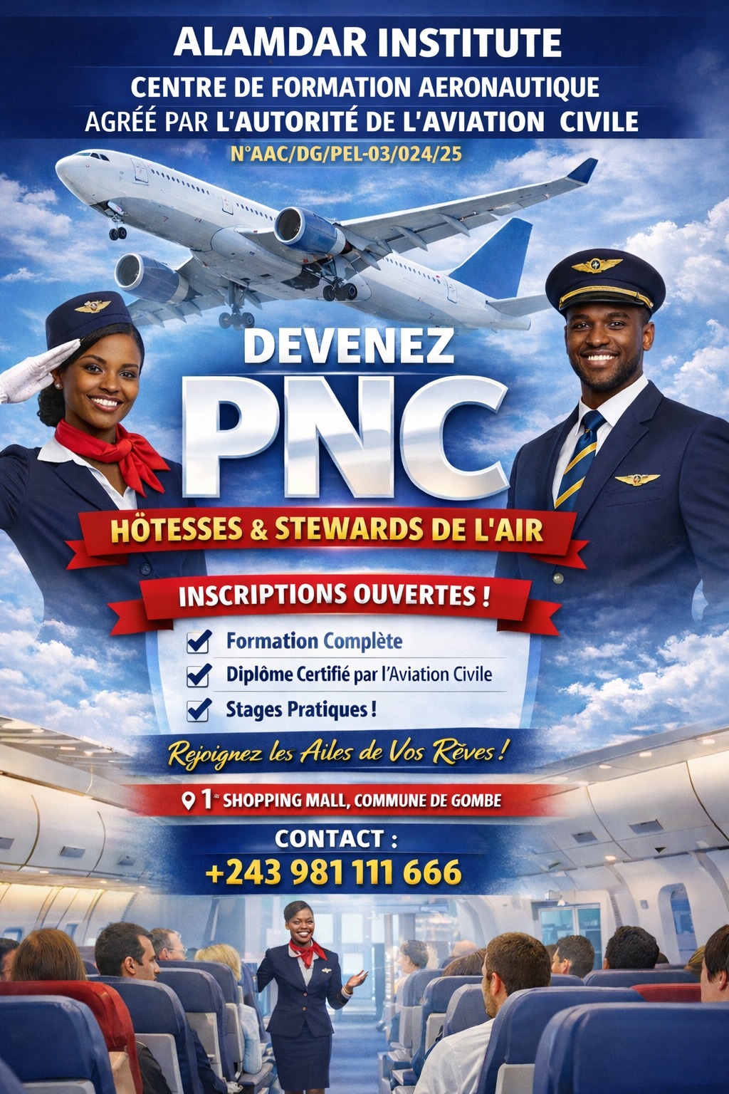 Alamdar Training Institue - Kinshasa Facebook ad: Devenez PNC, Hôtesses & Stewards de l’air