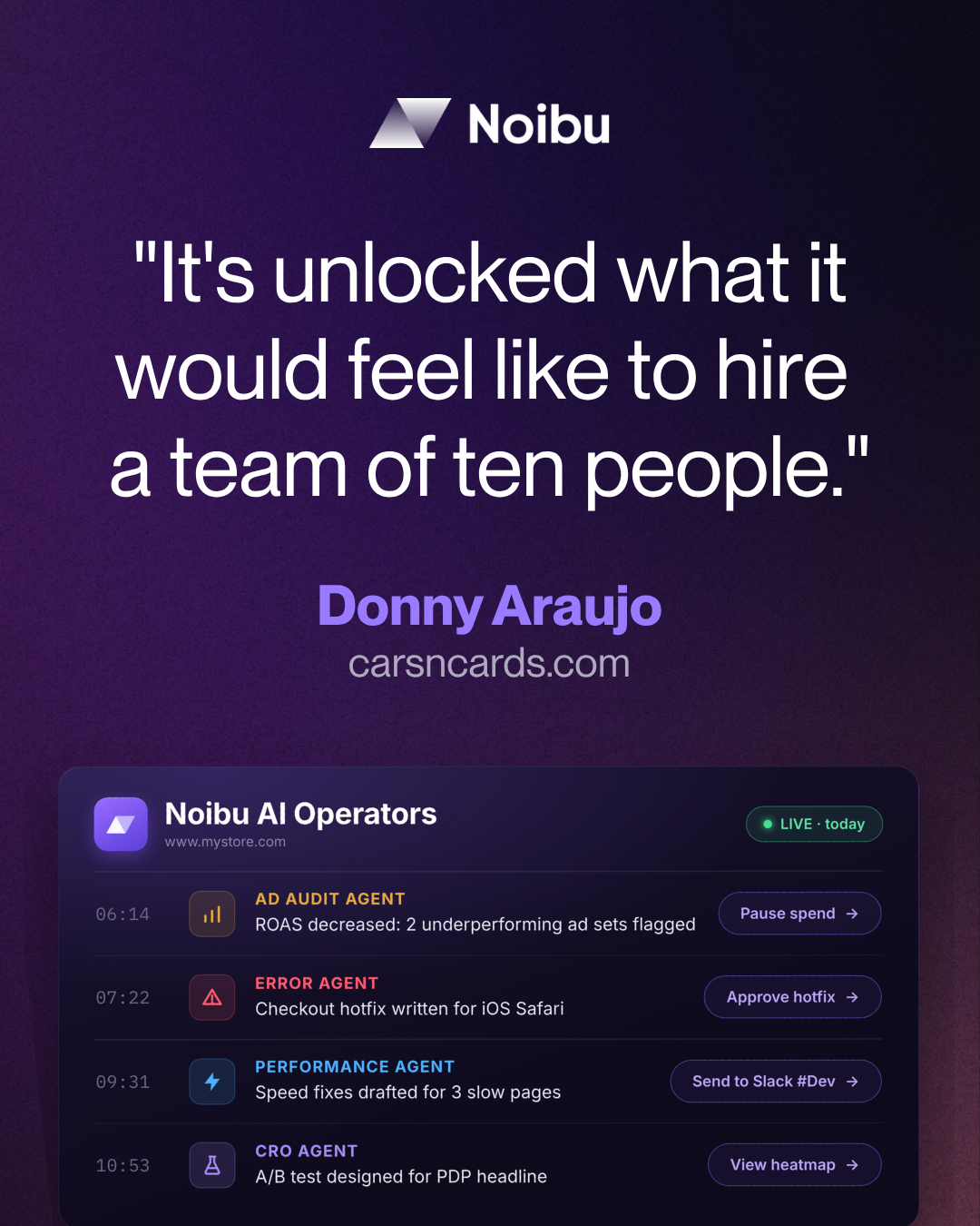 Noibu Facebook ad: 1 person does the work of 10 with Noibu’s AI