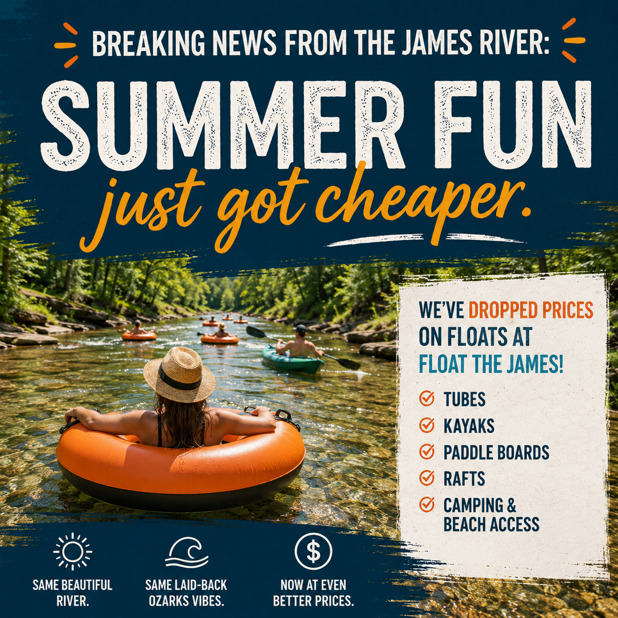 Horsecreek Ranch & Retreat / Float the James / James River Hideout Facebook ad: Breaking News: Summer Fun Just Got Cheaper!