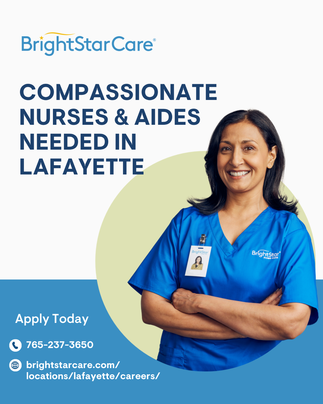 BrightStar Care Lafayette Facebook ad: Now Hiring Nurses & Aides