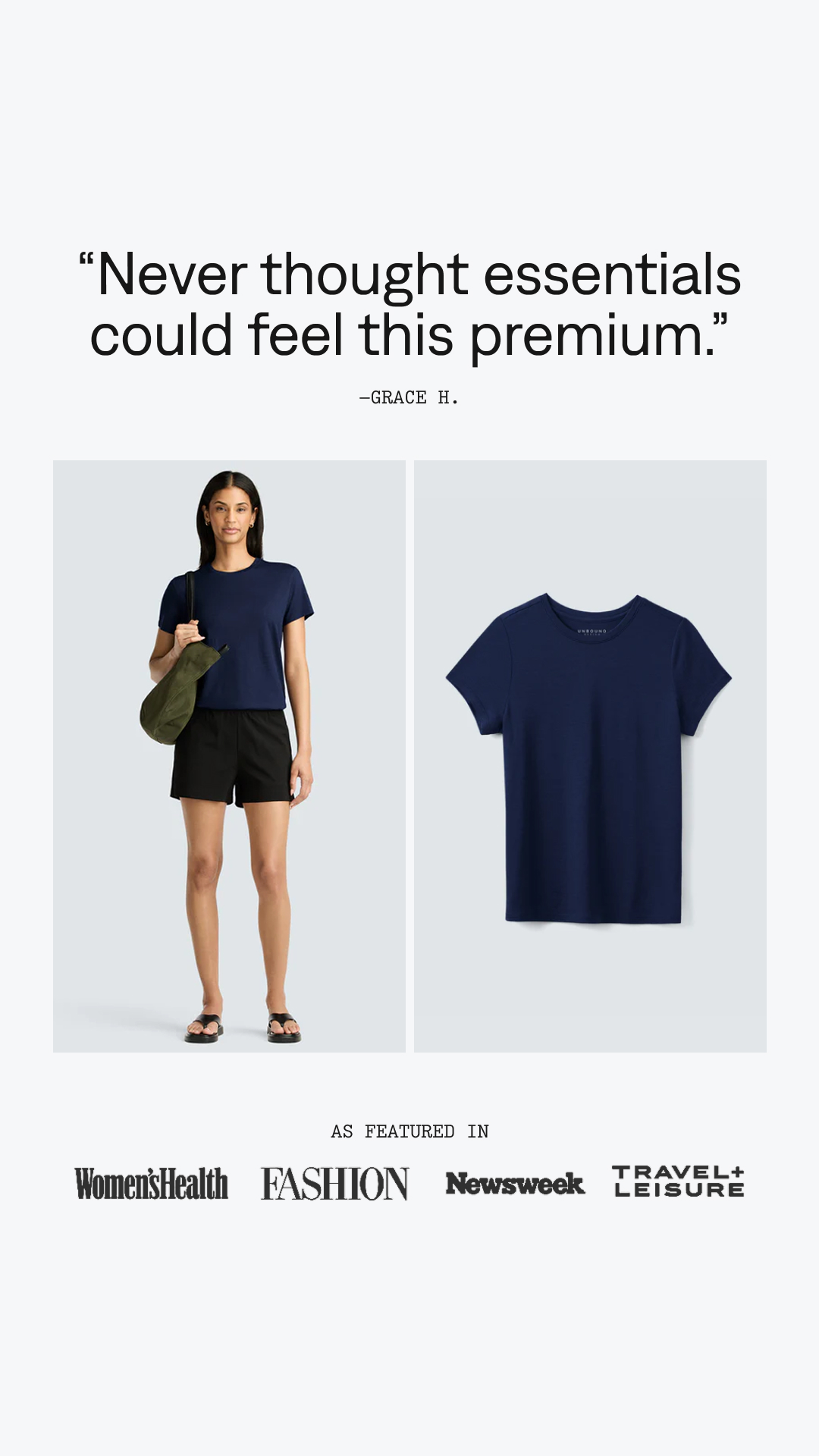 Unbound Merino Facebook ad: Essentials, Elevated.