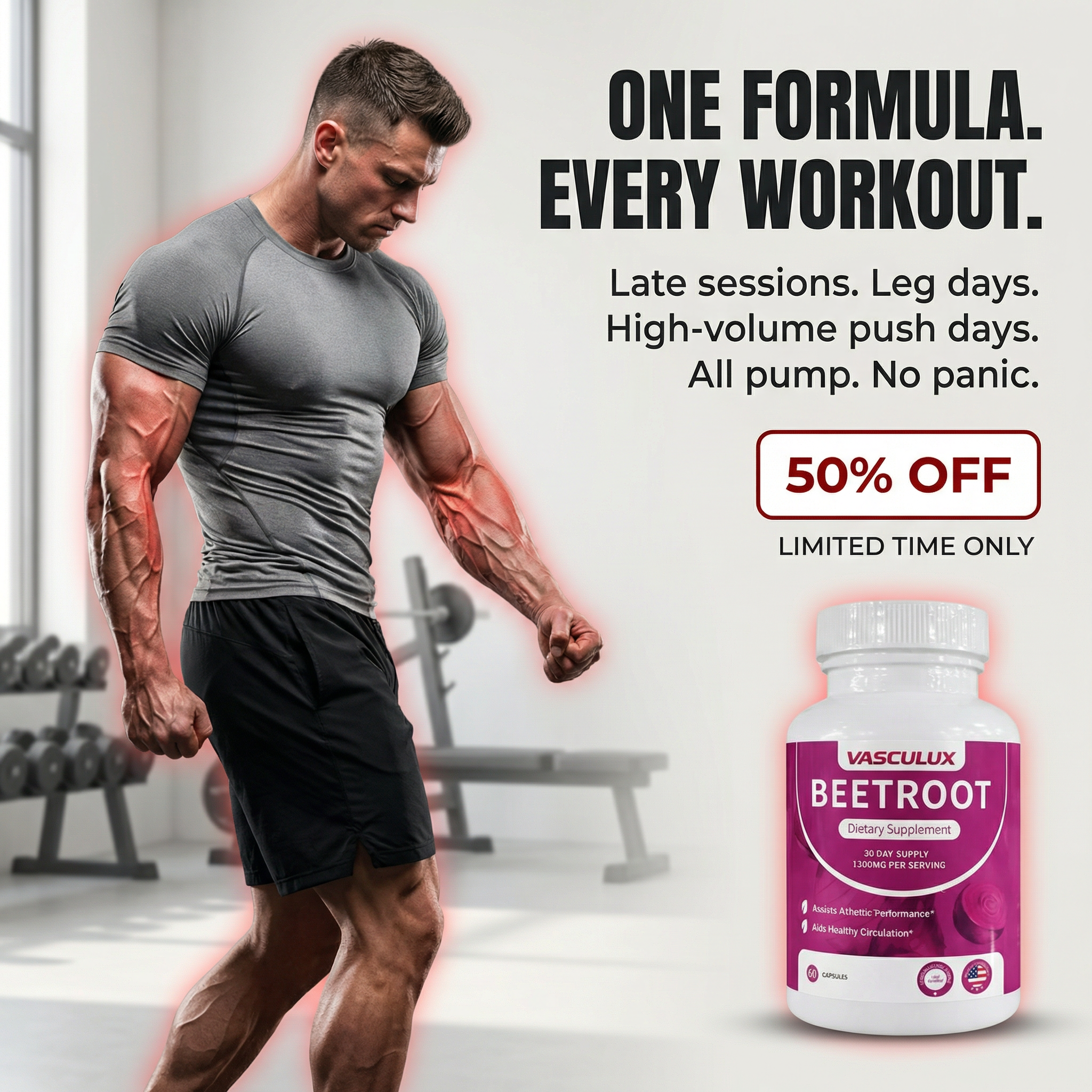 Vasculux Facebook ad: All The Pump. None Of The Panic.