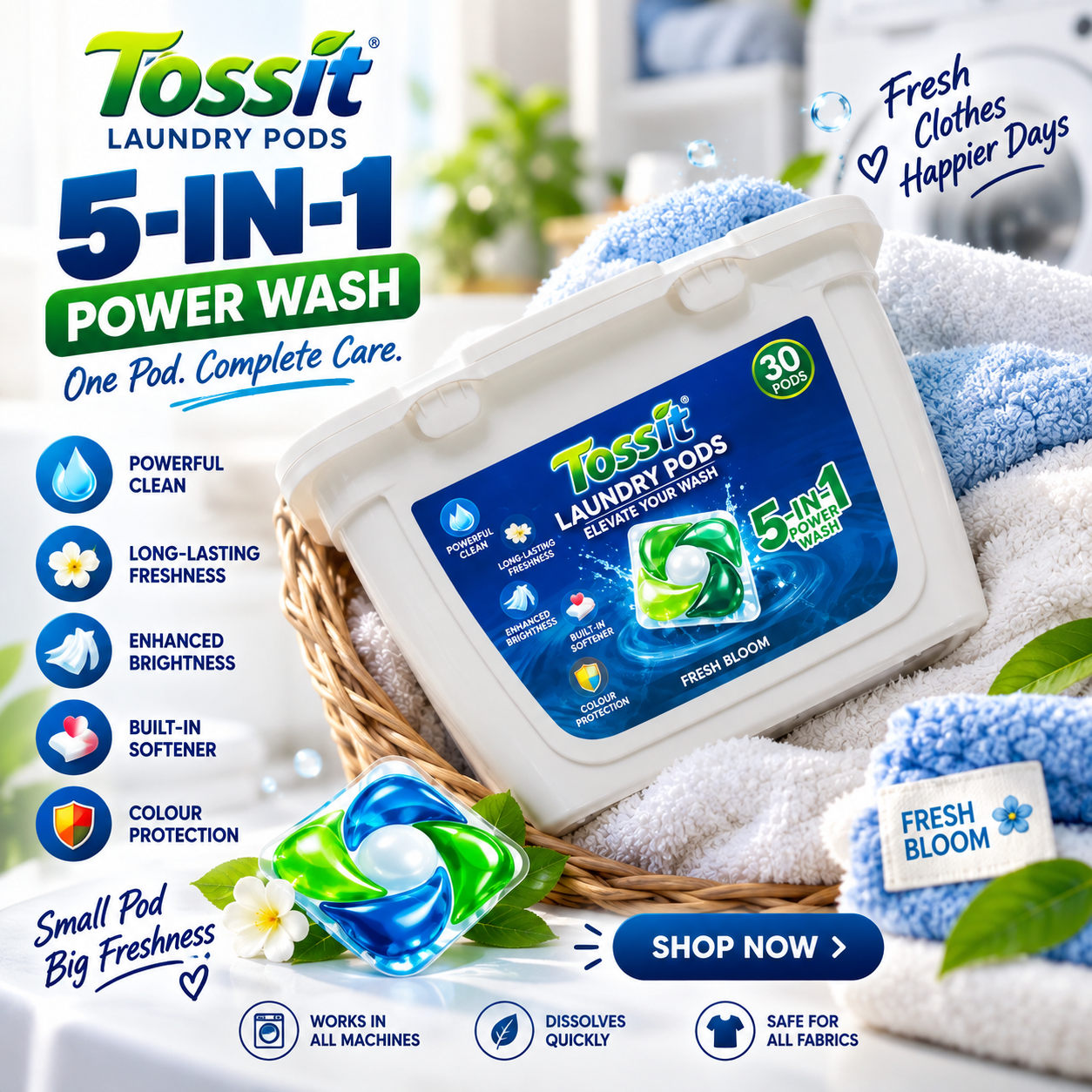 Tossit Facebook ad: Tossit Laundry Pods, Fresh Bloom - Pack of 30