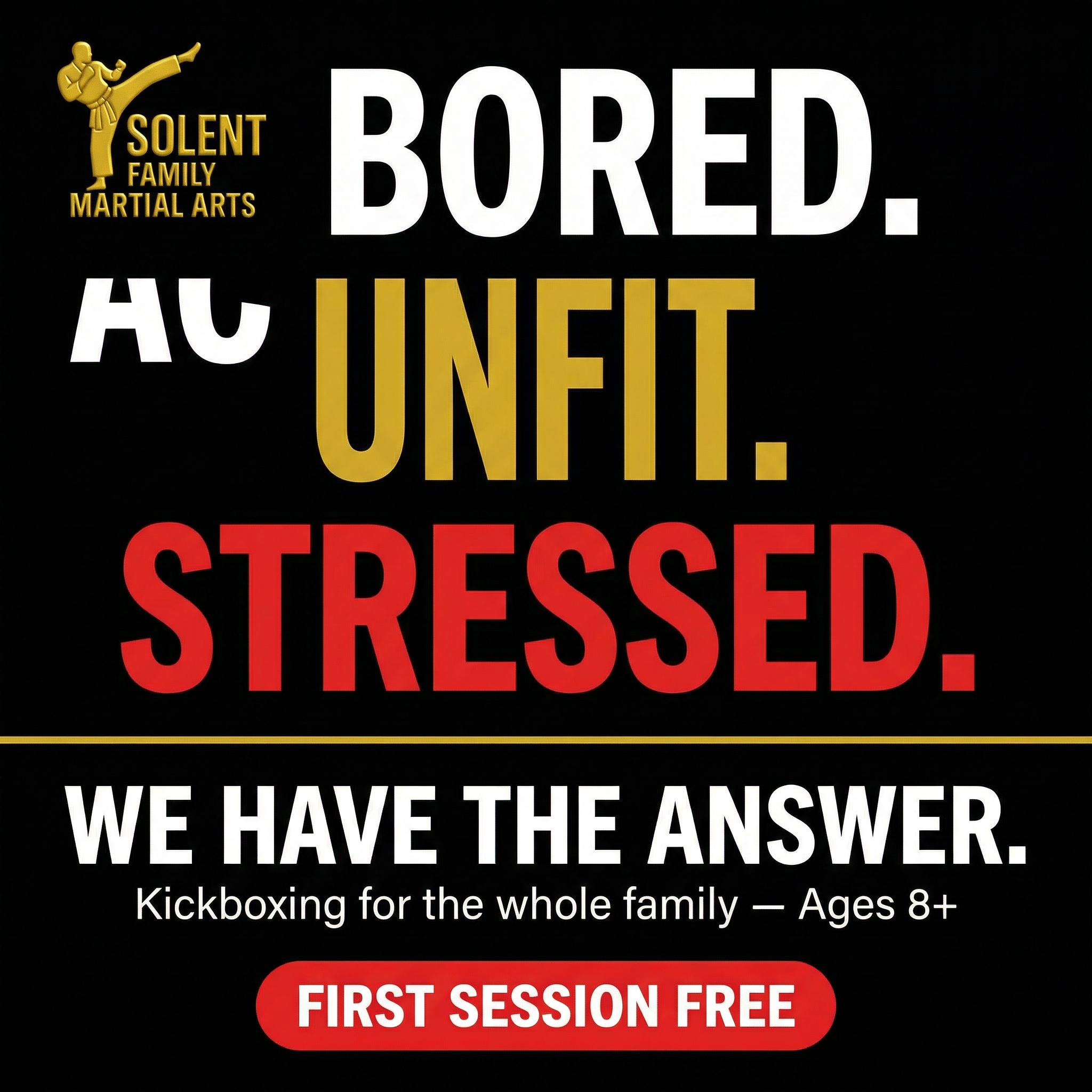 Solent Family Martial Arts Academy Facebook ad: Bored. Unfit. Stressed. We Have the Answer.